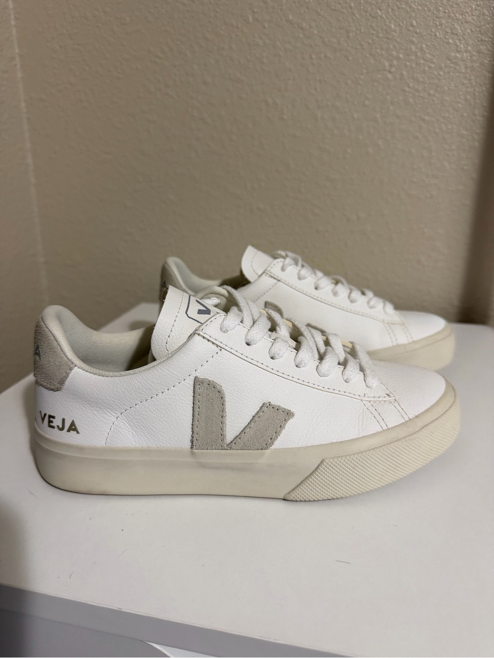 Veja Women’s White Leather Sneakers with Light Gray Suede V Logo